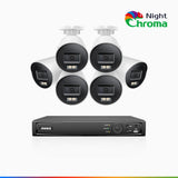 NightChroma<sup>TM</sup> NBRK800 - 4K 8 Channel 6 Cameras Outdoor PoE Security System, Red Blue Flashing Lights & Siren, 3840*2160, Acme Color & IR Night Vision, Human & Vehicle Detection, Two-Way Audio, IP67 Weatherproof, All-Metal Housing